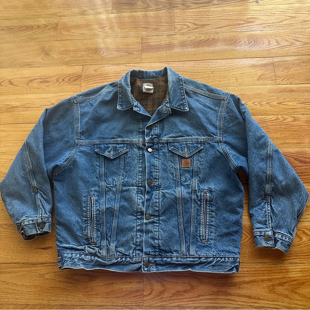 VTG Carhartt USA  Denim Jacket J11DST Flannel Blanket Lined Size XL Regular
